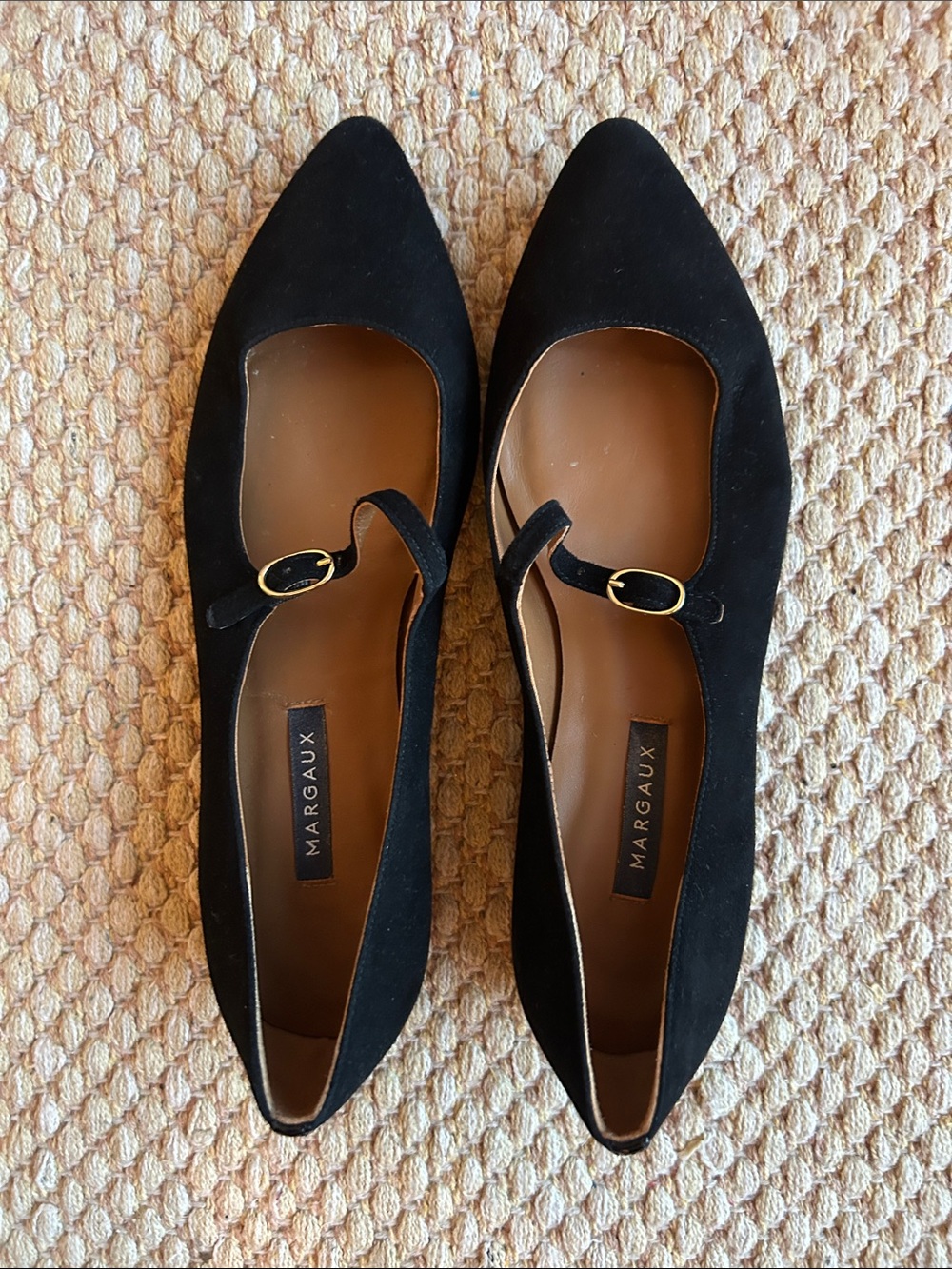 Margaux Black Suede Mary Jane Pointed Flats with Gold Buckle 38W